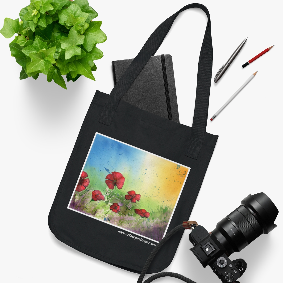 Red Poppies Watercolor on Organic Canvas Tote Bag - Image 3