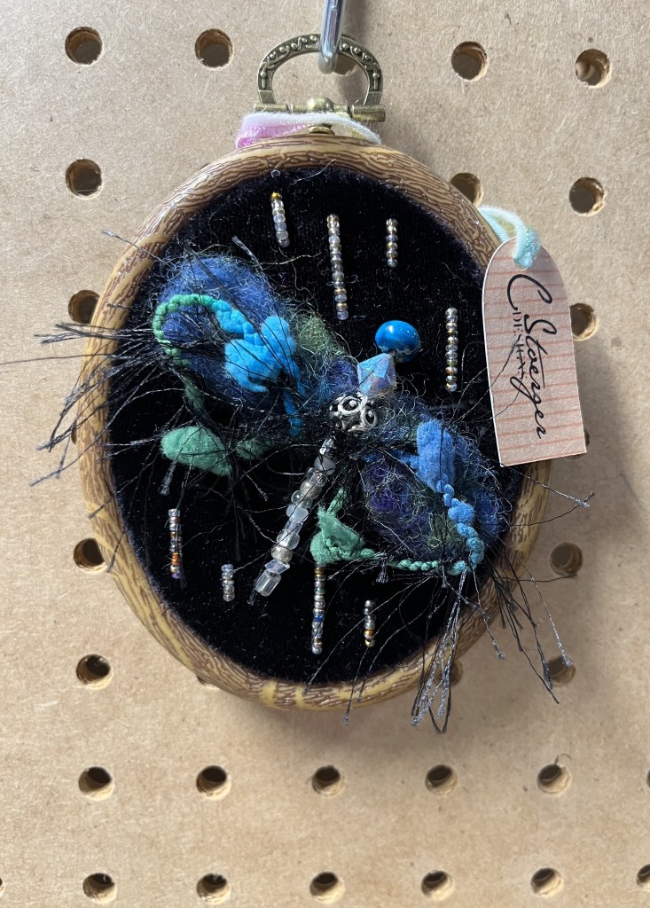 SOLD - 4" Dragonfly Felted on Black Velvet - Oval Frame