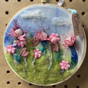 7" Summer Sky with Pink Flowers Felted on Hand-painted Silk - Round Frame