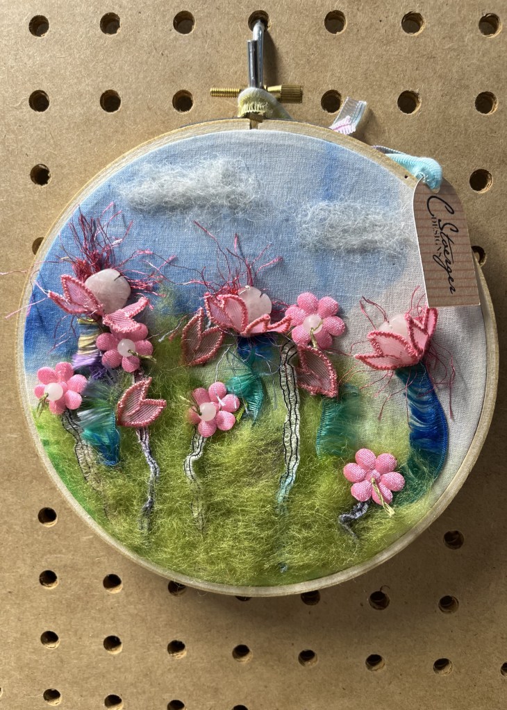 7" Summer Sky with Pink Flowers Felted on Hand-painted Silk - Round Frame