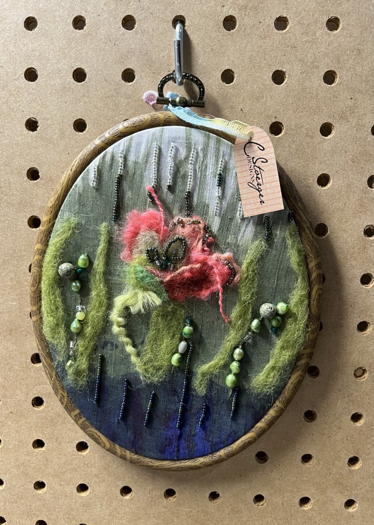 SOLD - 7" Peach Felted Flower on Hand-painted Silk - Oval Frame